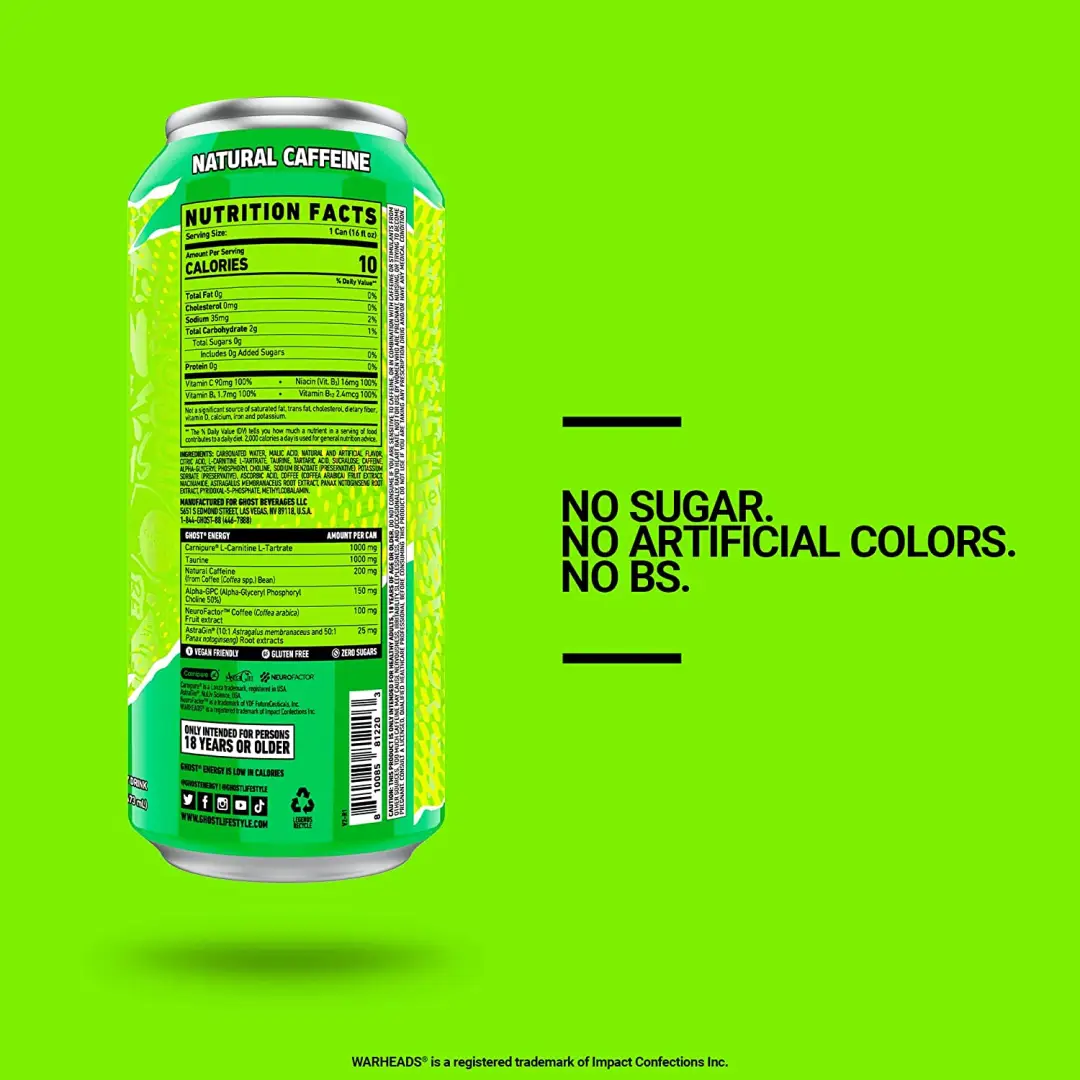 GHOST ENERGY WARHEADS Sour Green Apple- Sugar Free Energy Drink - 12-Pack, 16oz Cans - Image 3