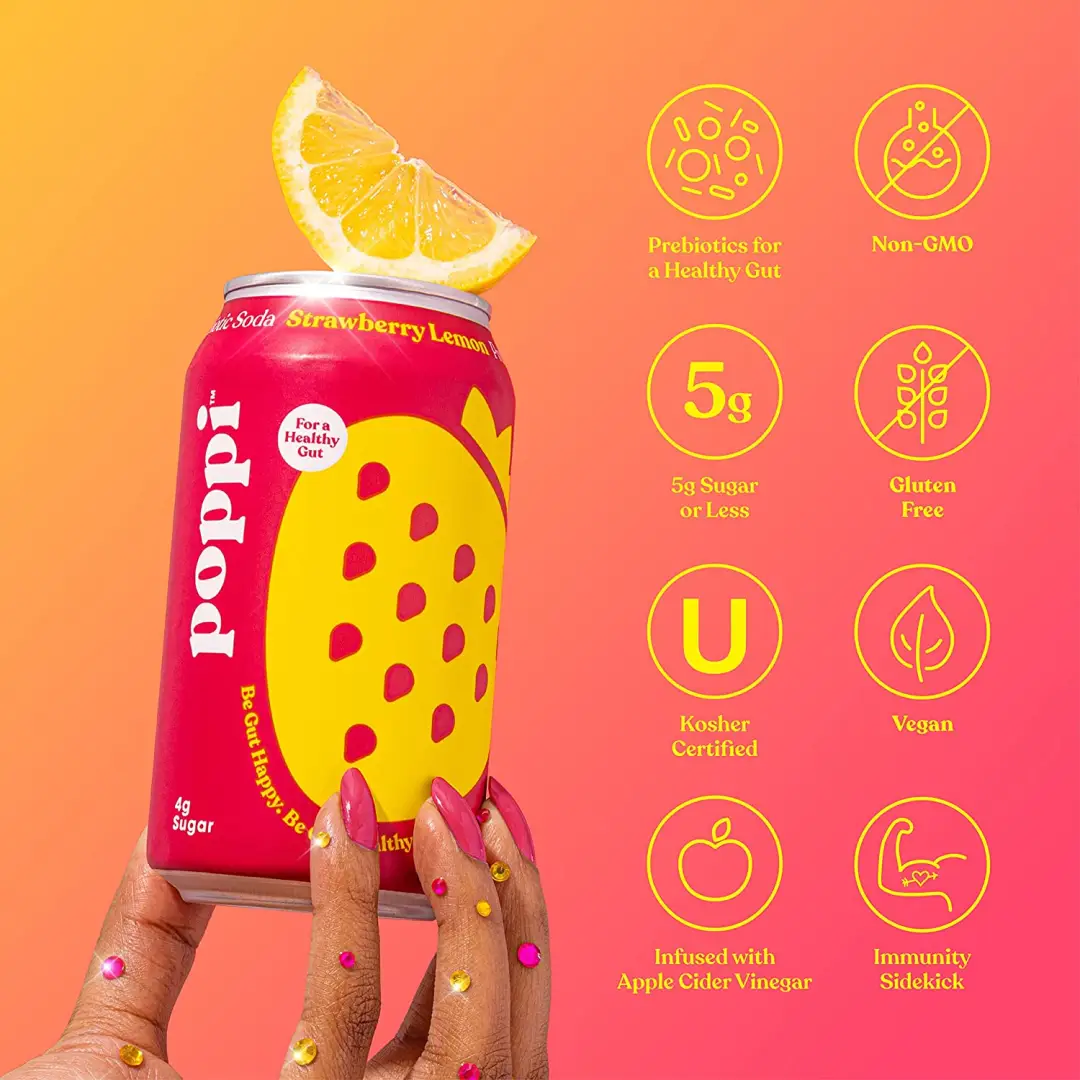 POPPI Sparkling Prebiotic Strawberry Lemon Soda made with Apple Cider Vinegar, Seltzer Water & Fruit Juice, 12oz (12 Pack) - Image 3
